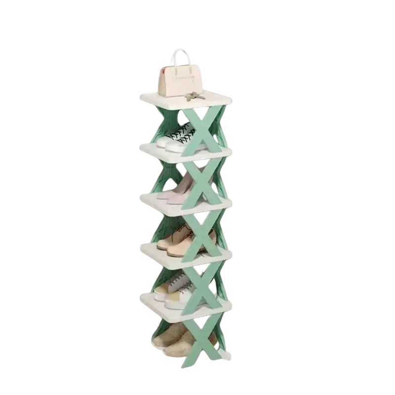 Foldable six-layer shoe rack with mint green x-shaped frame and white plastic shelves for space-saving shoe storage