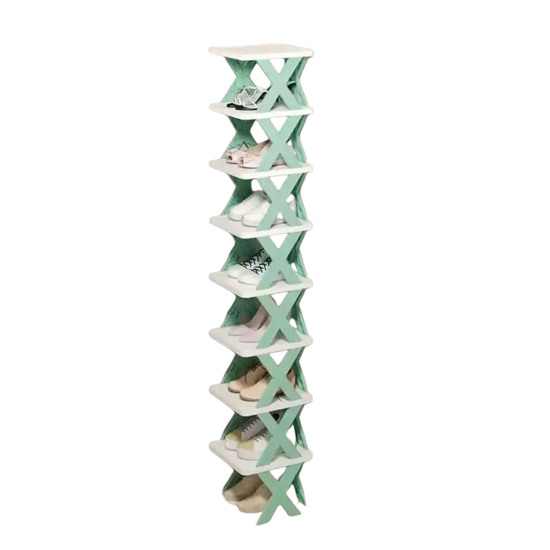 Foldable plastic shoe rack with a tall slender design and white and mint green x-shaped frame for shoes organization