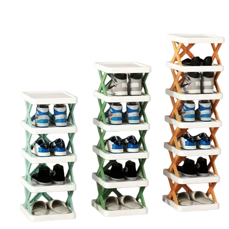 Foldable shoe rack stackable plastic organizer in mint green lime green and orange with white shelves shoes rack
