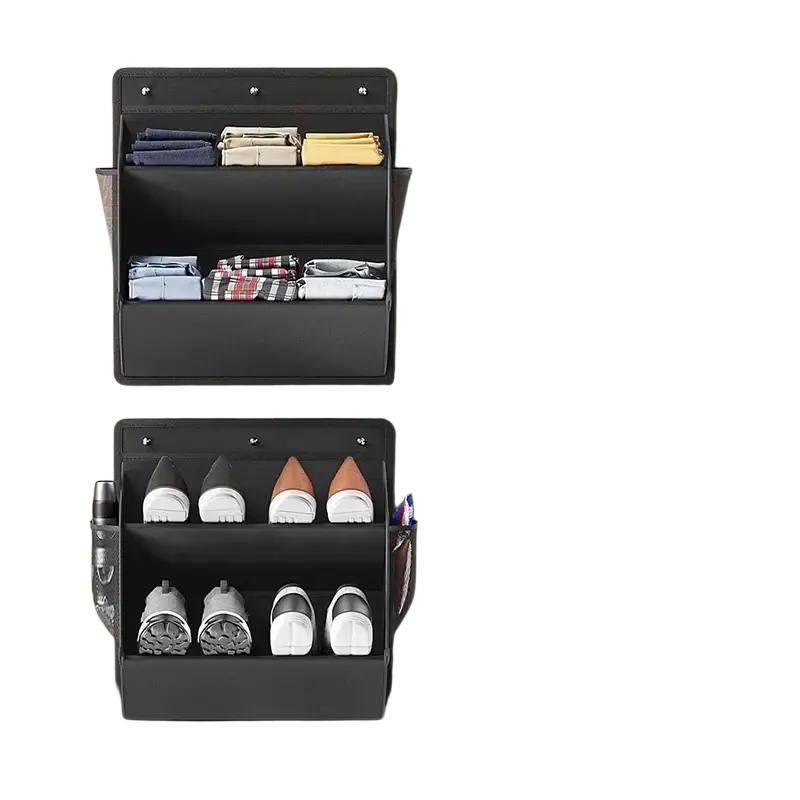 Black fabric foldable shoe storage hanger mounted on wall for rv and wardrobe organization
