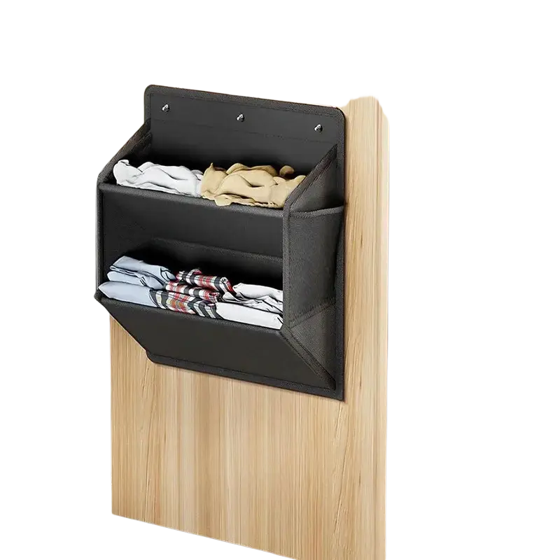 Black foldable shoe storage hanger with two compartments mounted on wooden cabinet for rv and wardrobe use