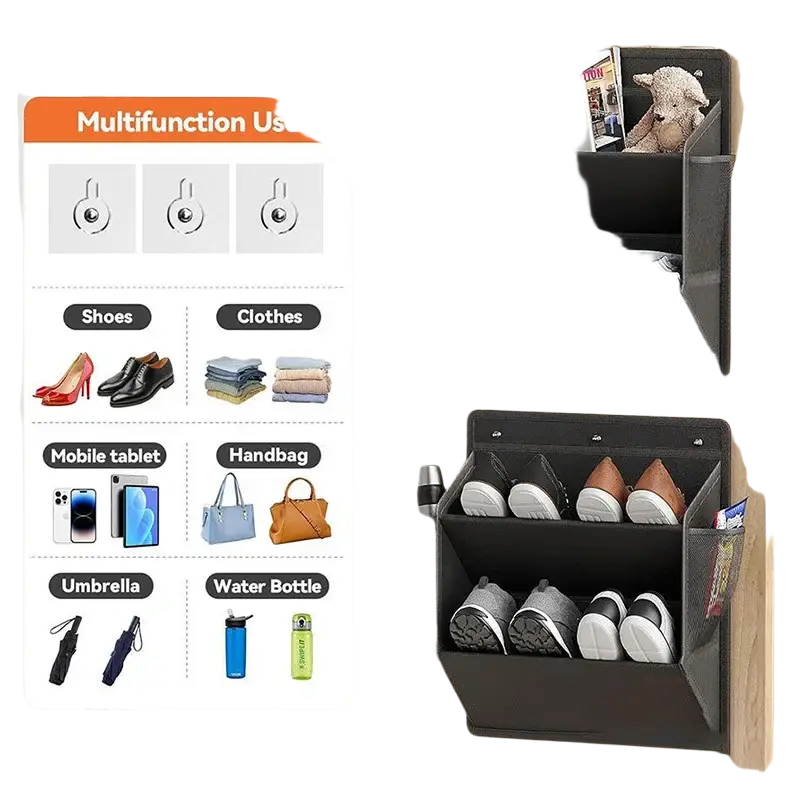 Black fabric foldable shoe storage hanger with multiple compartments and mesh side pocket for rv and wardrobe use