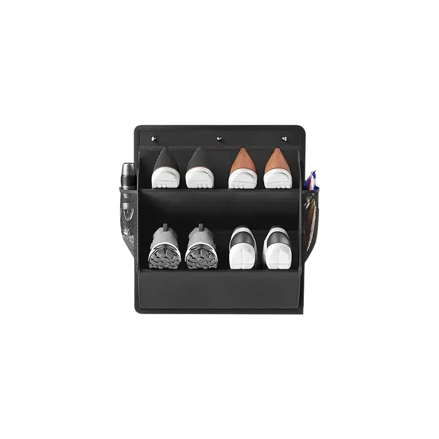 Black foldable shoe storage hanger with two tiers and side pockets for rv and wardrobe shoe storage organization