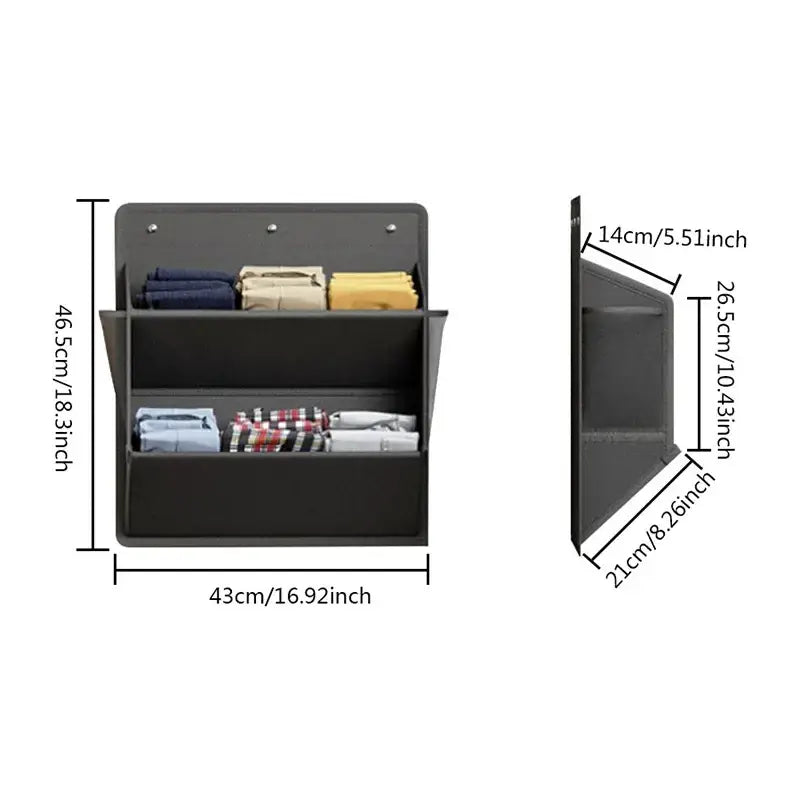 Black fabric foldable shoe storage hanger with three compartments holding folded clothes for rv and wardrobe use