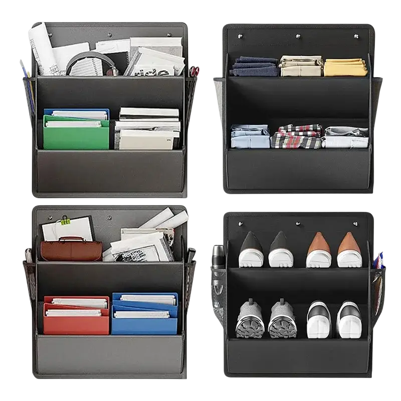 Black foldable shoe storage hanger with multiple compartments and adjustable dividers for rv and wardrobe organization