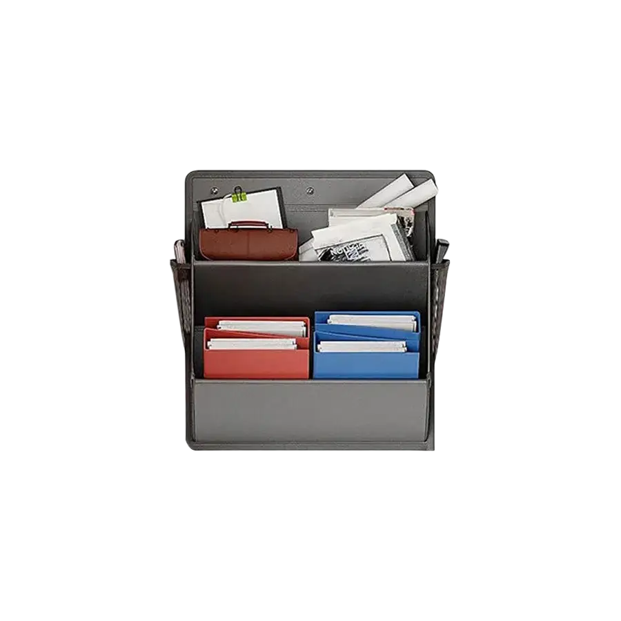 Gray foldable shoe storage hanger with compartments holding colorful folders and supplies for rv and wardrobe use