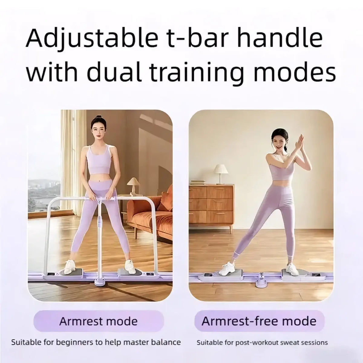 Foldable ski trainer leg and hip exercise machine with adjustable t-bar handle white frame and purple accents dual modes
