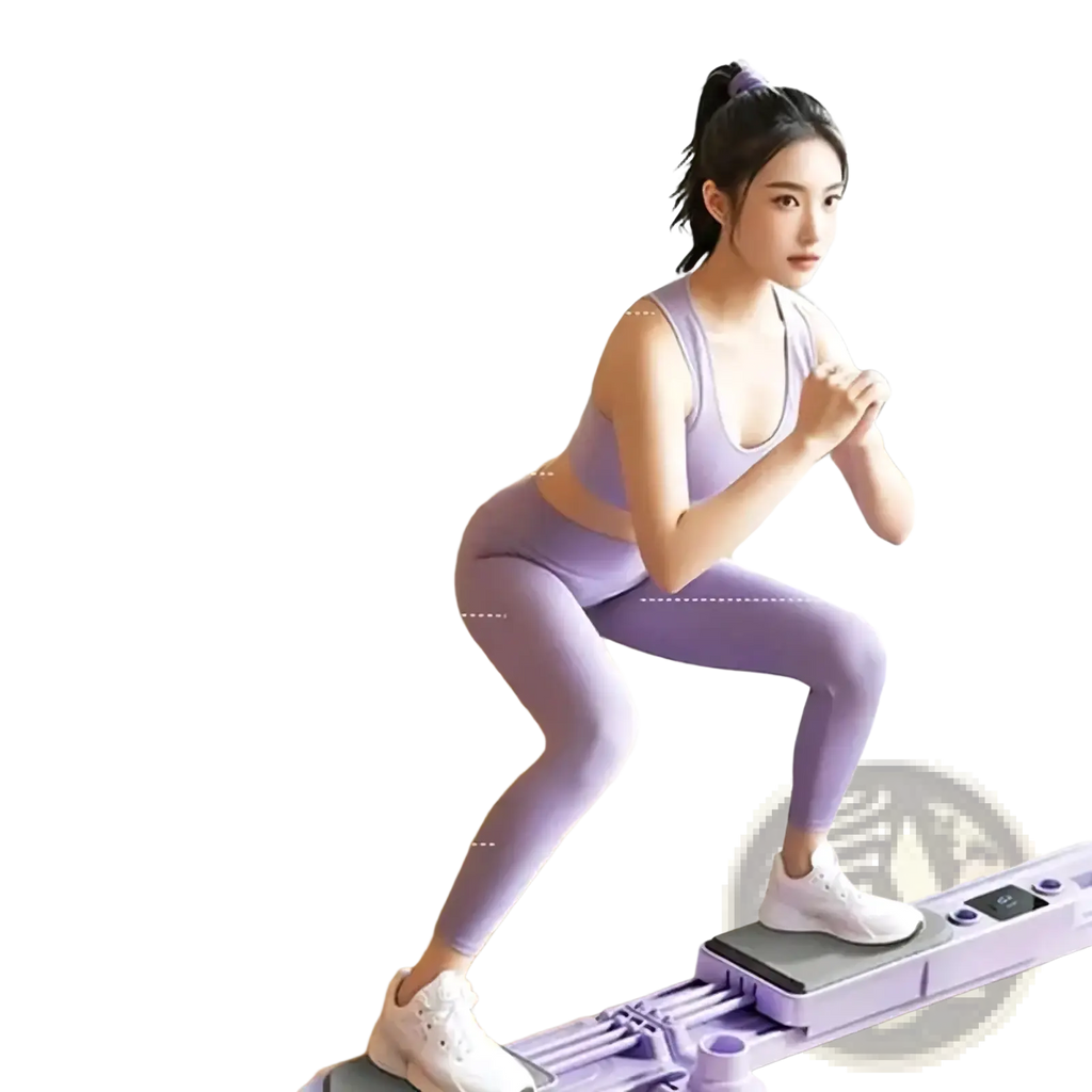 Lavender foldable ski trainer leg and hip exercise machine with sleek modern design and digital display panel