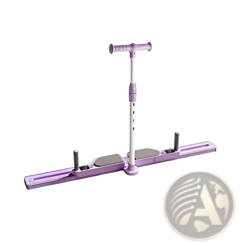 Foldable ski trainer leg and hip exercise machine with a purple and white adjustable t-shaped handlebar and gray footrests