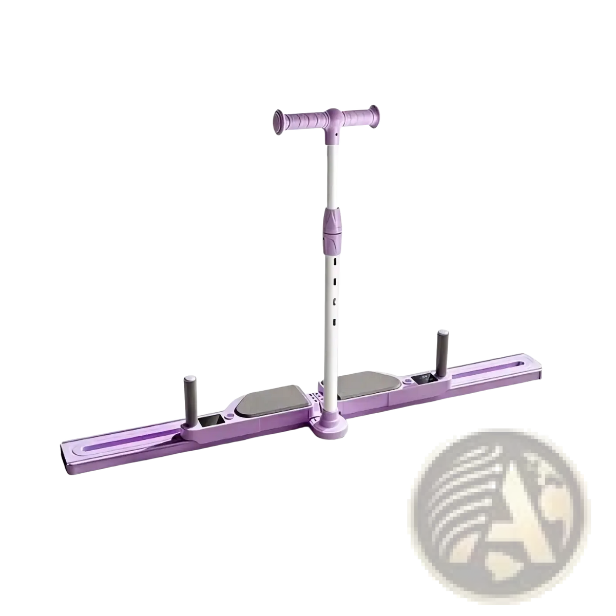 Foldable ski trainer leg and hip exercise machine with a purple and white adjustable t-shaped handlebar and gray footrests
