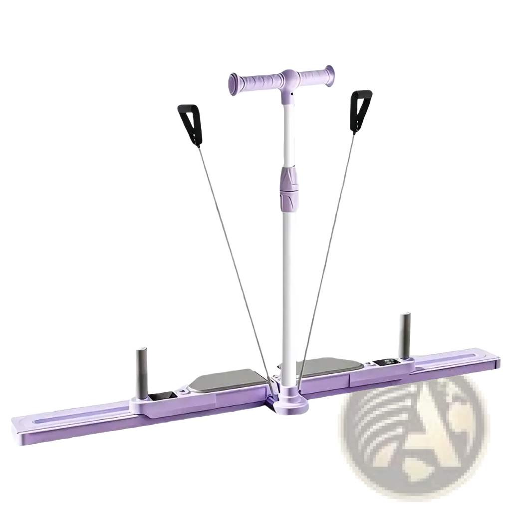 Foldable ski trainer leg and hip exercise machine with purple and white adjustable resistance and black handles
