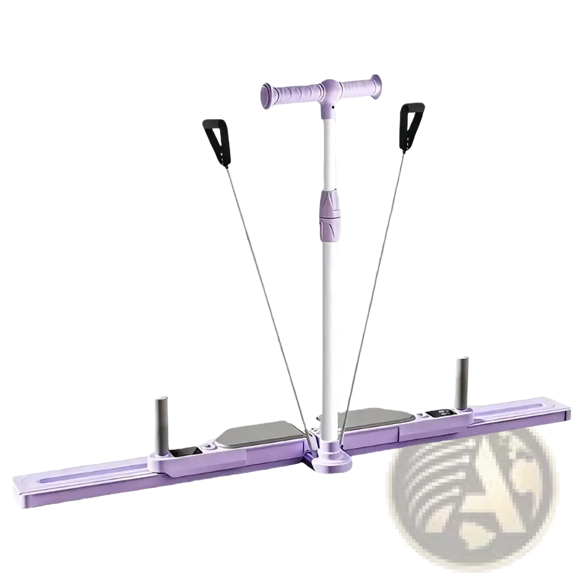 Foldable ski trainer leg and hip exercise machine with purple and white adjustable resistance and black handles