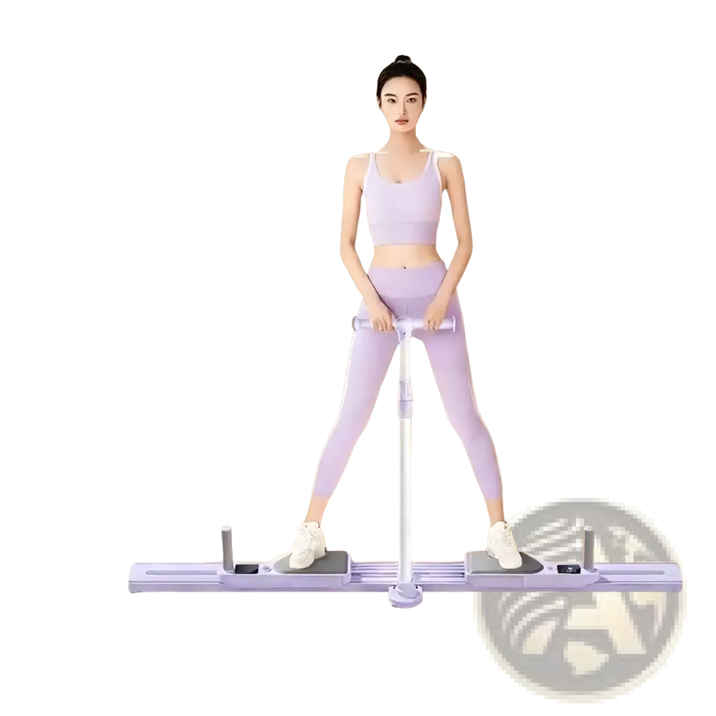 A sleek silver-toned foldable ski trainer machine with digital display for leg and hip exercise