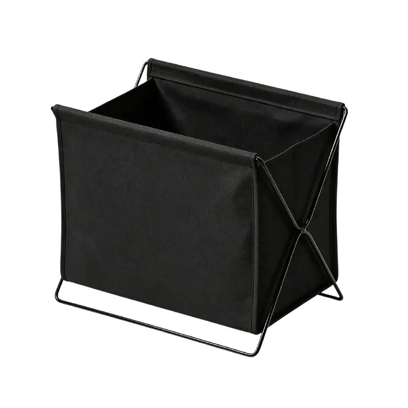 Black foldable storage basket with metal frame featuring a sleek minimalist design and sturdy construction