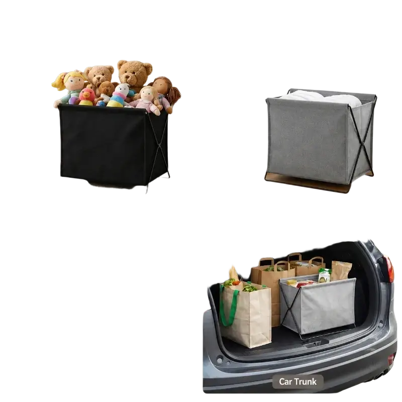 Foldable storage basket with black metal frame and black and gray fabric for versatile organization and storage