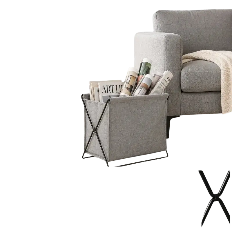 Foldable gray fabric storage basket with black metal frame designed for space-saving organization and durability