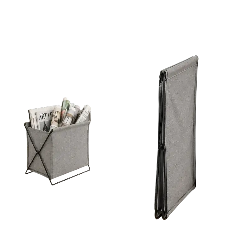Gray foldable storage basket with metal frame and fabric bin designed to fold flat for easy storage and organization