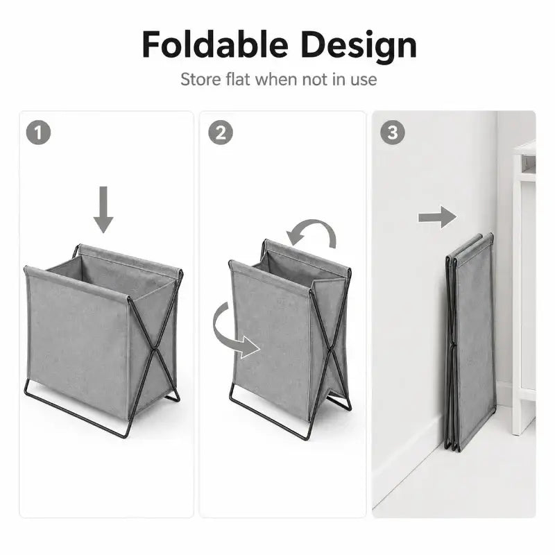 Gray fabric foldable storage basket with metal frame and laundry hamper design for easy organization