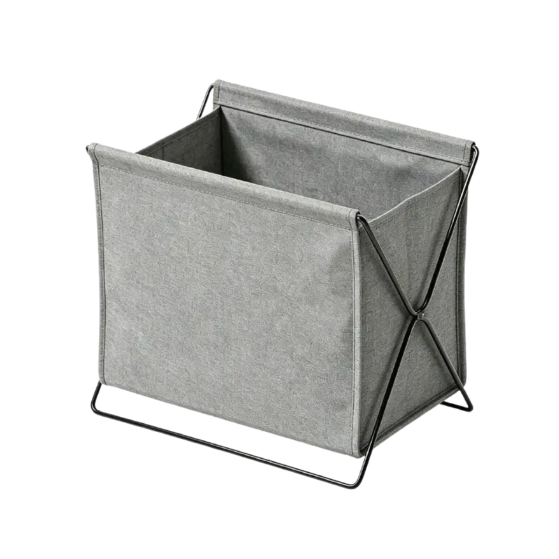 Gray fabric foldable storage basket with a black metal frame designed for durable and stylish storage solutions