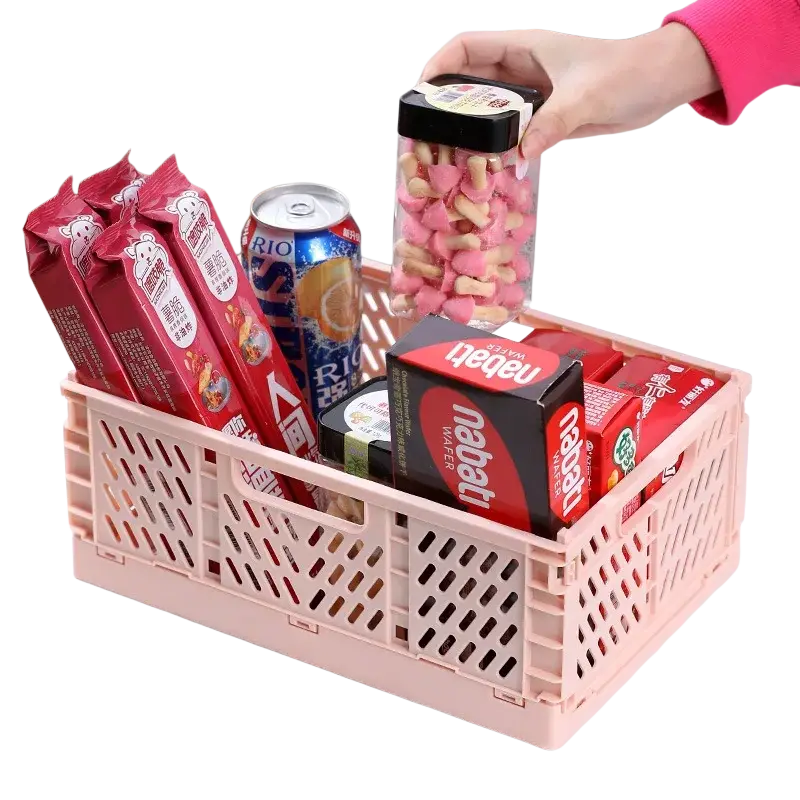 Pink plastic foldable storage basket with lattice pattern for versatile foldable storage and organization solutions
