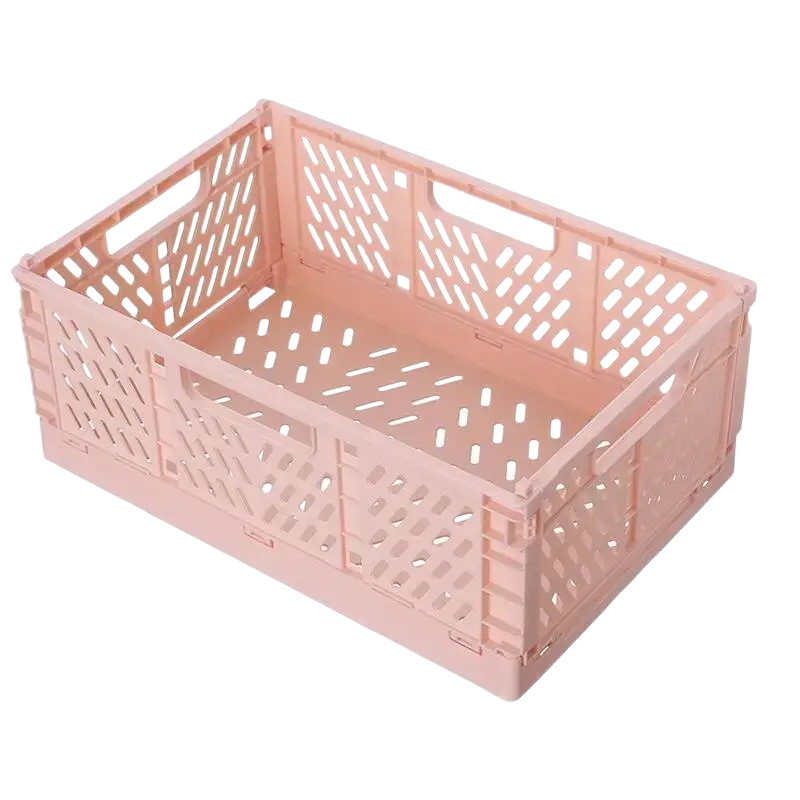 Pink foldable storage basket plastic lattice crate with integrated handles for versatile foldable storage use