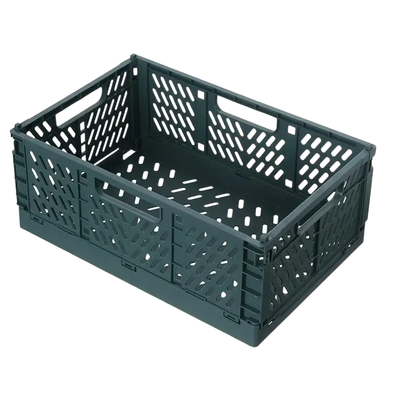 Dark green foldable storage basket plastic lattice crate with integrated handles for versatile storage solutions