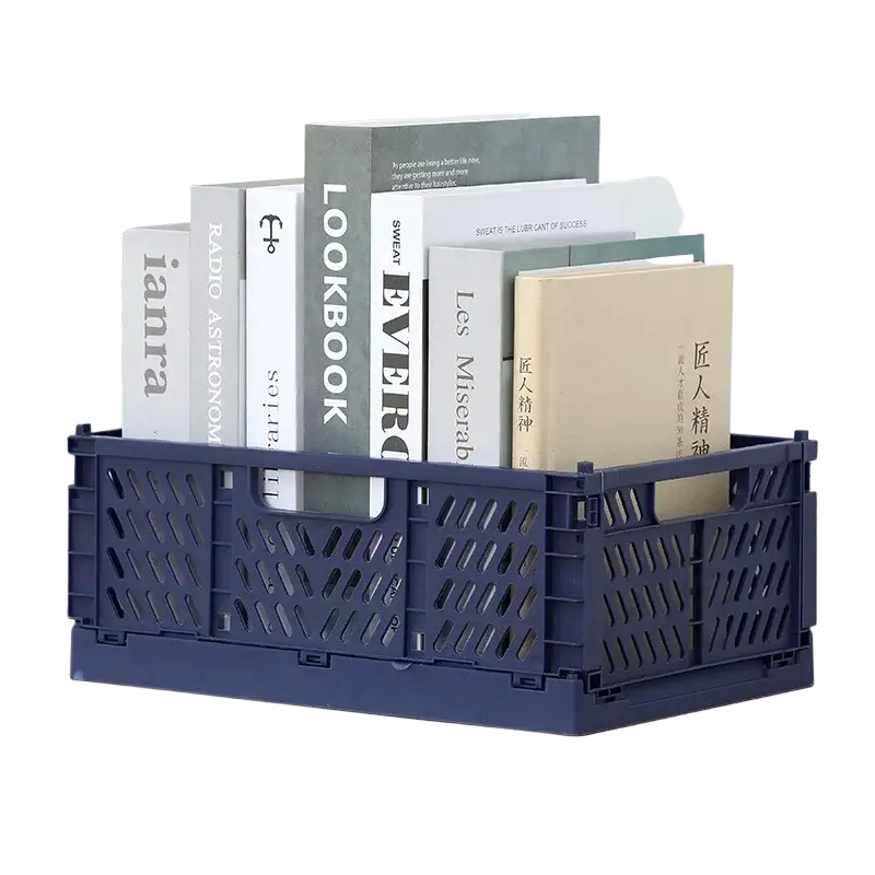 Navy blue plastic foldable storage basket with diamond-shaped lattice cutouts for versatile foldable storage use