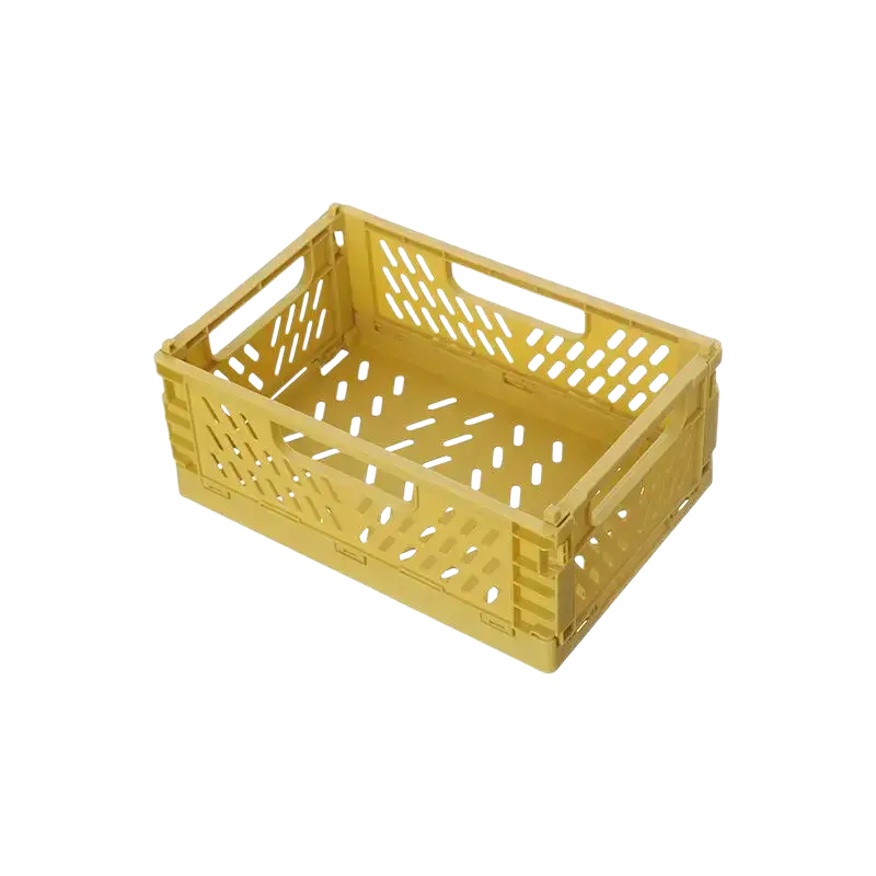 Yellow plastic foldable storage basket with lattice pattern and integrated handles for versatile storage use