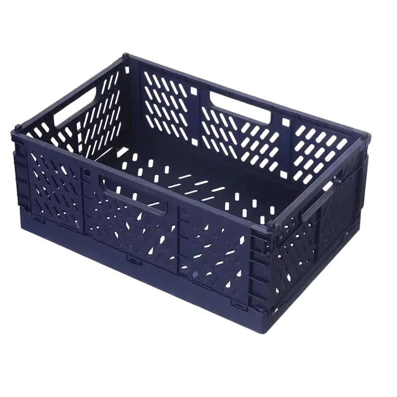 Dark blue plastic foldable storage basket with lattice pattern and integrated handles for stacking and storage