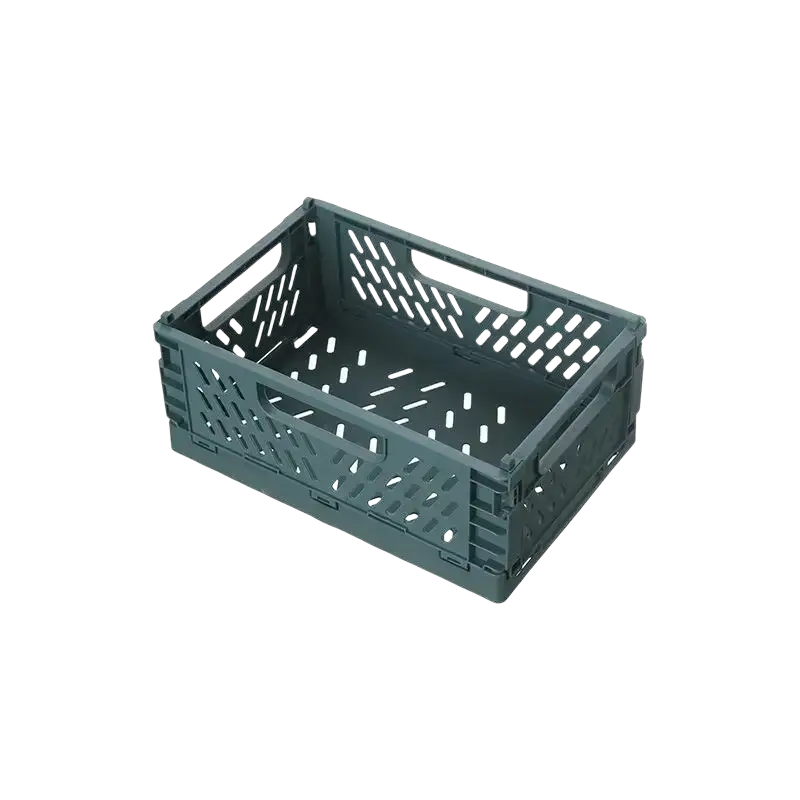 Dark green plastic foldable storage basket with perforated design and integrated handles for easy stacking and storage