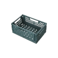 Dark green plastic foldable storage basket with perforated design and integrated handles for easy stacking and storage