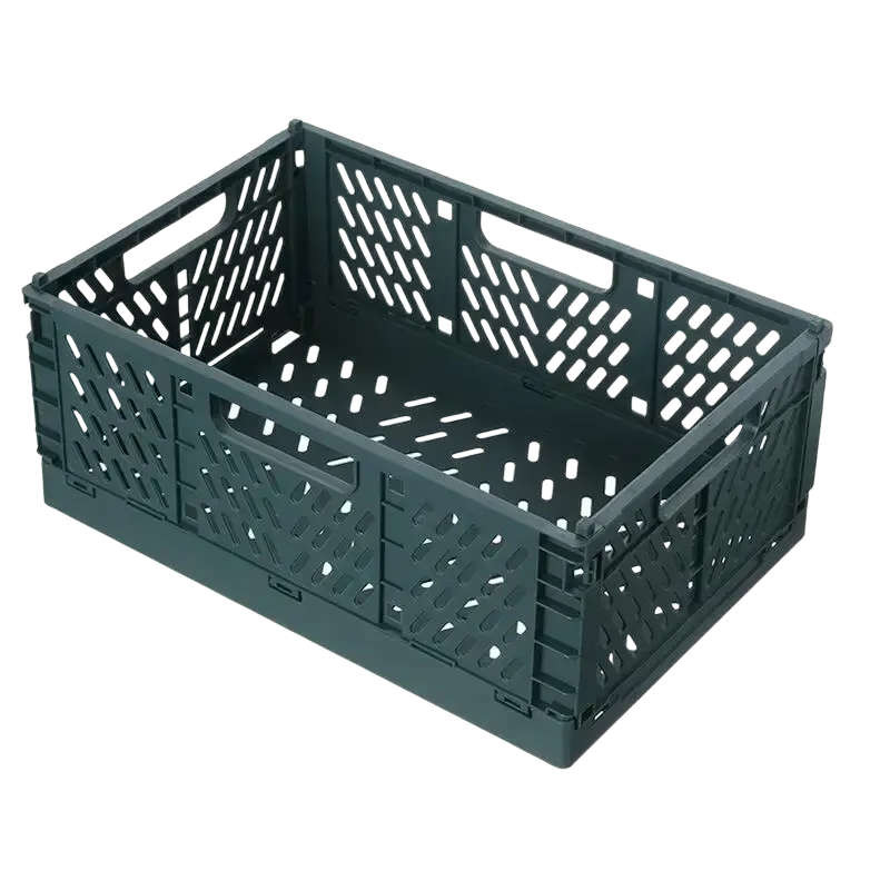 Dark green foldable storage basket made of plastic with lattice pattern and integrated handles for easy carrying