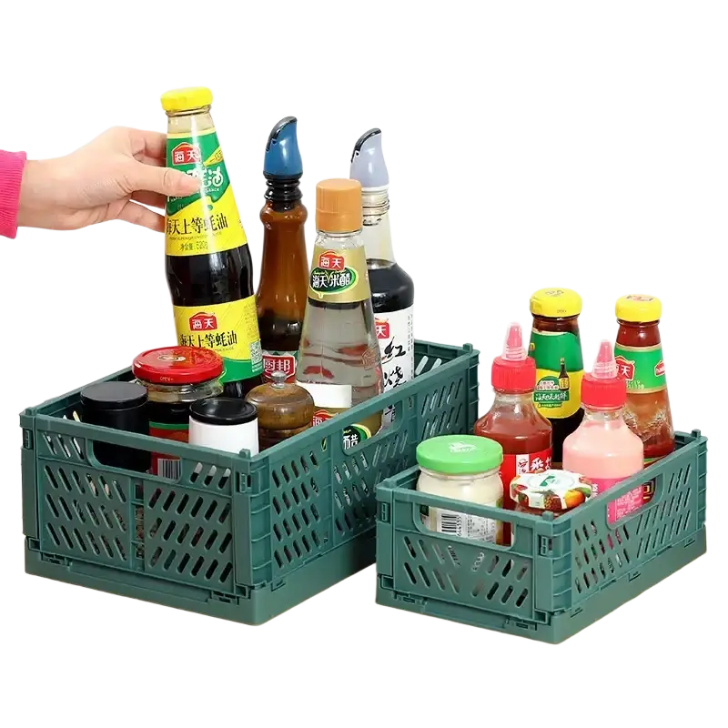 Green plastic foldable storage basket stackable crate designed for efficient foldable storage and organization