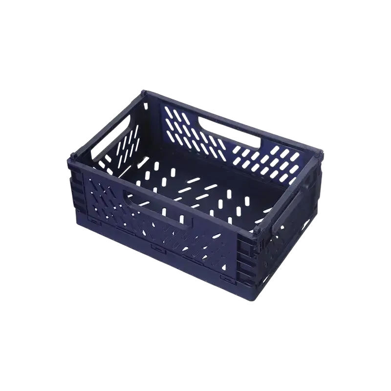 Navy blue plastic foldable storage basket with lattice pattern and integrated handles for stackable storage