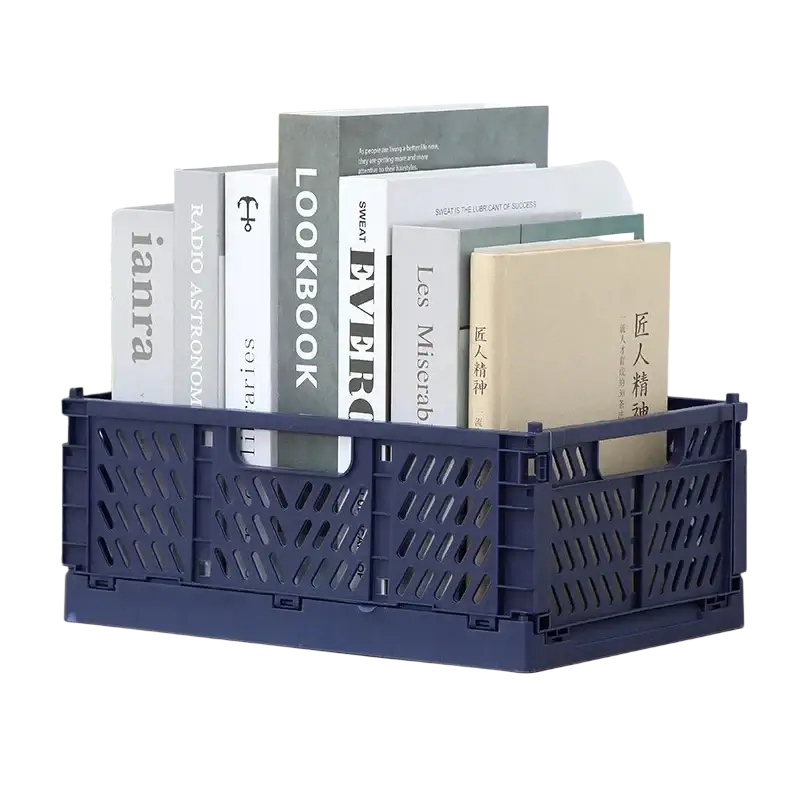 Navy blue plastic foldable storage basket with diamond cutouts for stackable and efficient foldable storage use