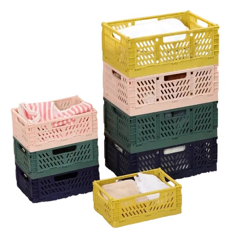 Foldable storage basket plastic stackable crate in pastel pink mustard yellow forest green and navy blue colors