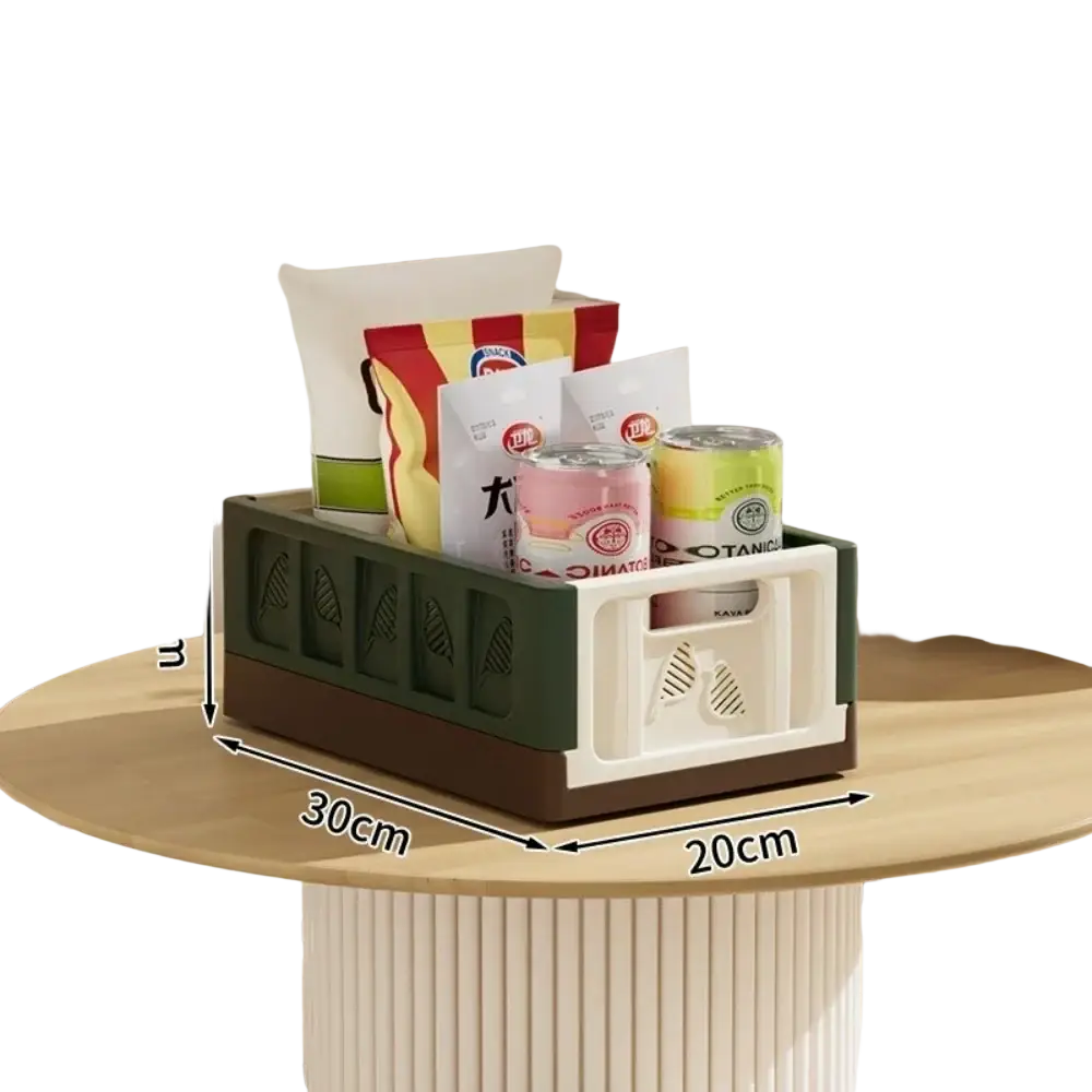 Foldable storage basket plastic stackable organizer with green and white leaf-patterned compartments showing actual goods without chromatic aberration