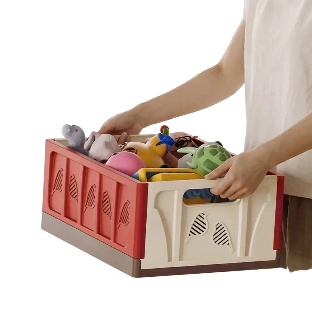 Foldable storage basket plastic stackable organizer in red and beige with leaf-patterned cutouts showing actual goods