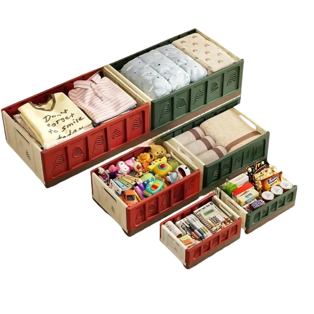 Foldable storage plastic stackable organizer with red and green leaf-patterned sides showing actual goods without chromatic aberration