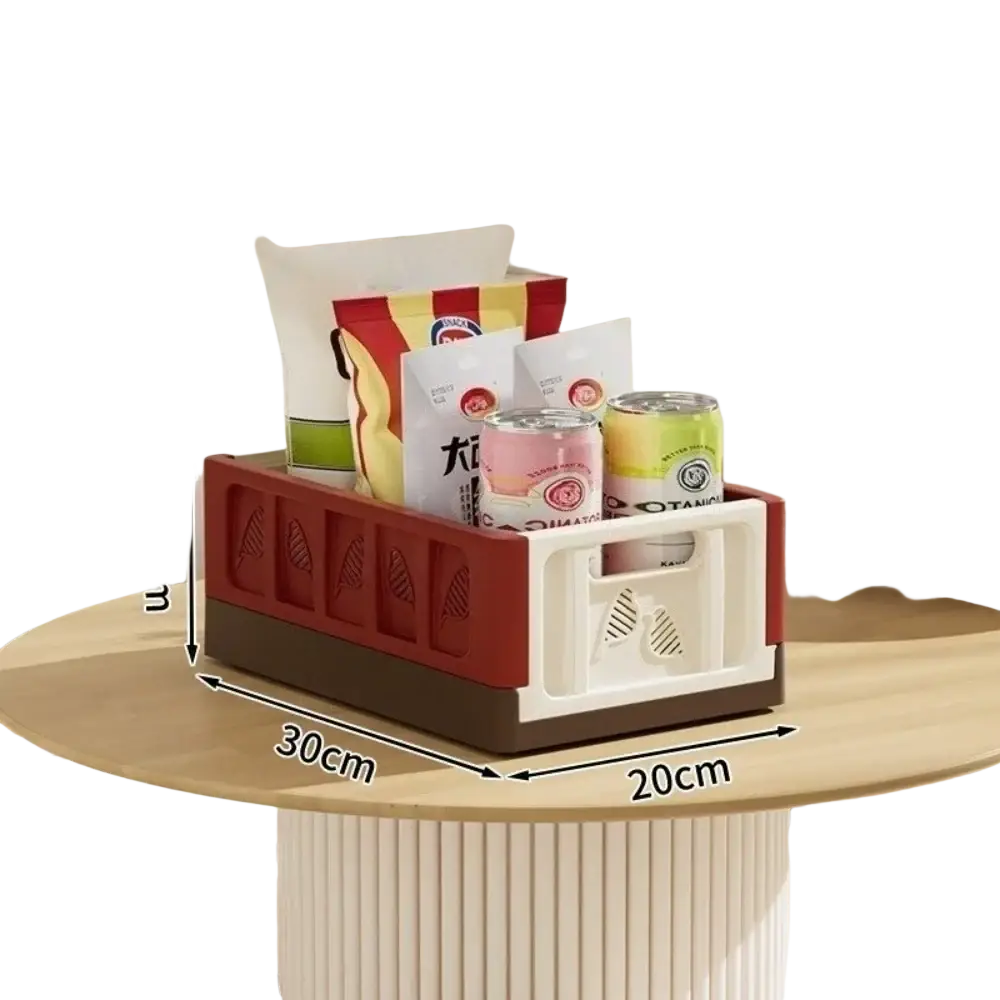 Foldable storage box plastic stackable organizer in red and white with brown base and leaf-shaped cutouts for actual goods