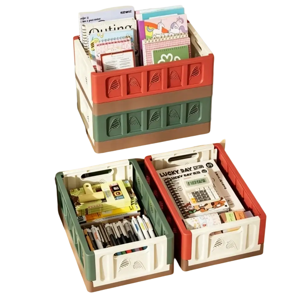 Stacked foldable storage plastic crates in red green and beige with leaf-shaped cutouts as a stackable organizer box