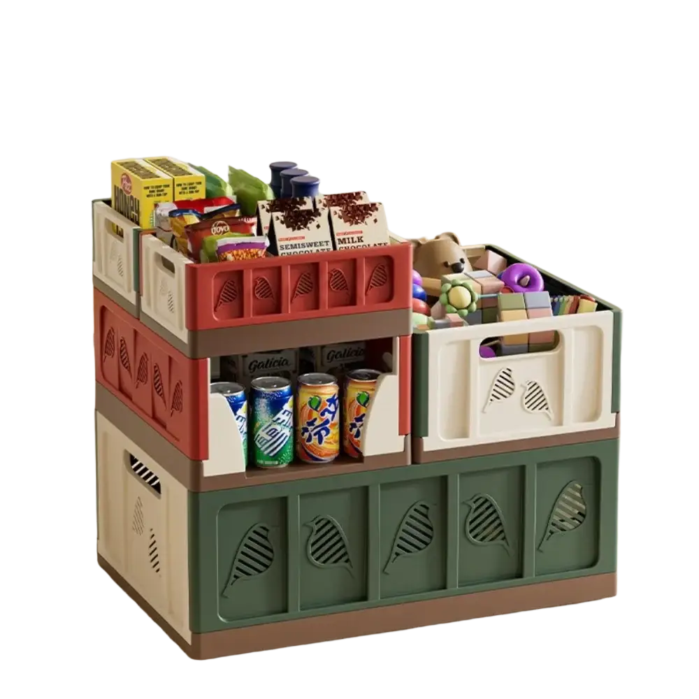 Foldable storage basket plastic stackable organizer with chromatic aberration multi-colored crates and bird leaf cutout designs