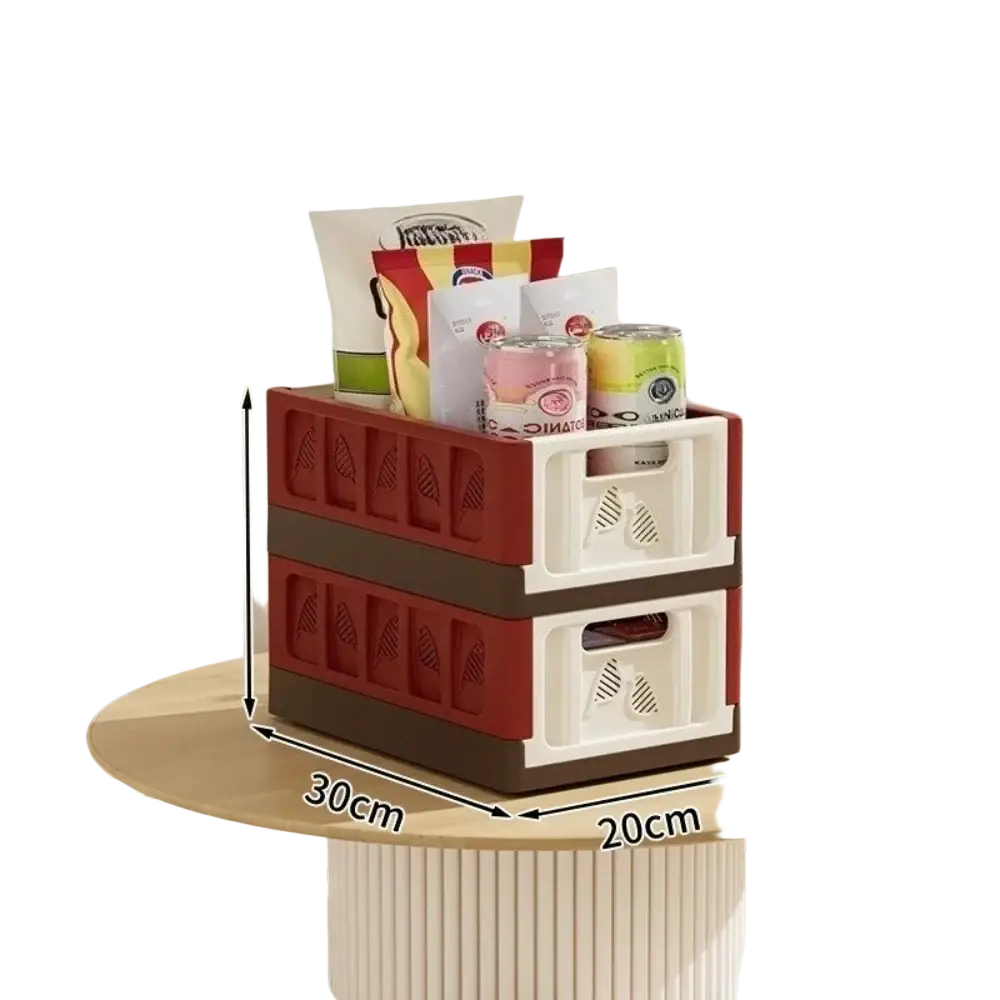 Foldable storage basket plastic stackable organizer with red and white tiers and brown base actual goods shown without chromatic aberration