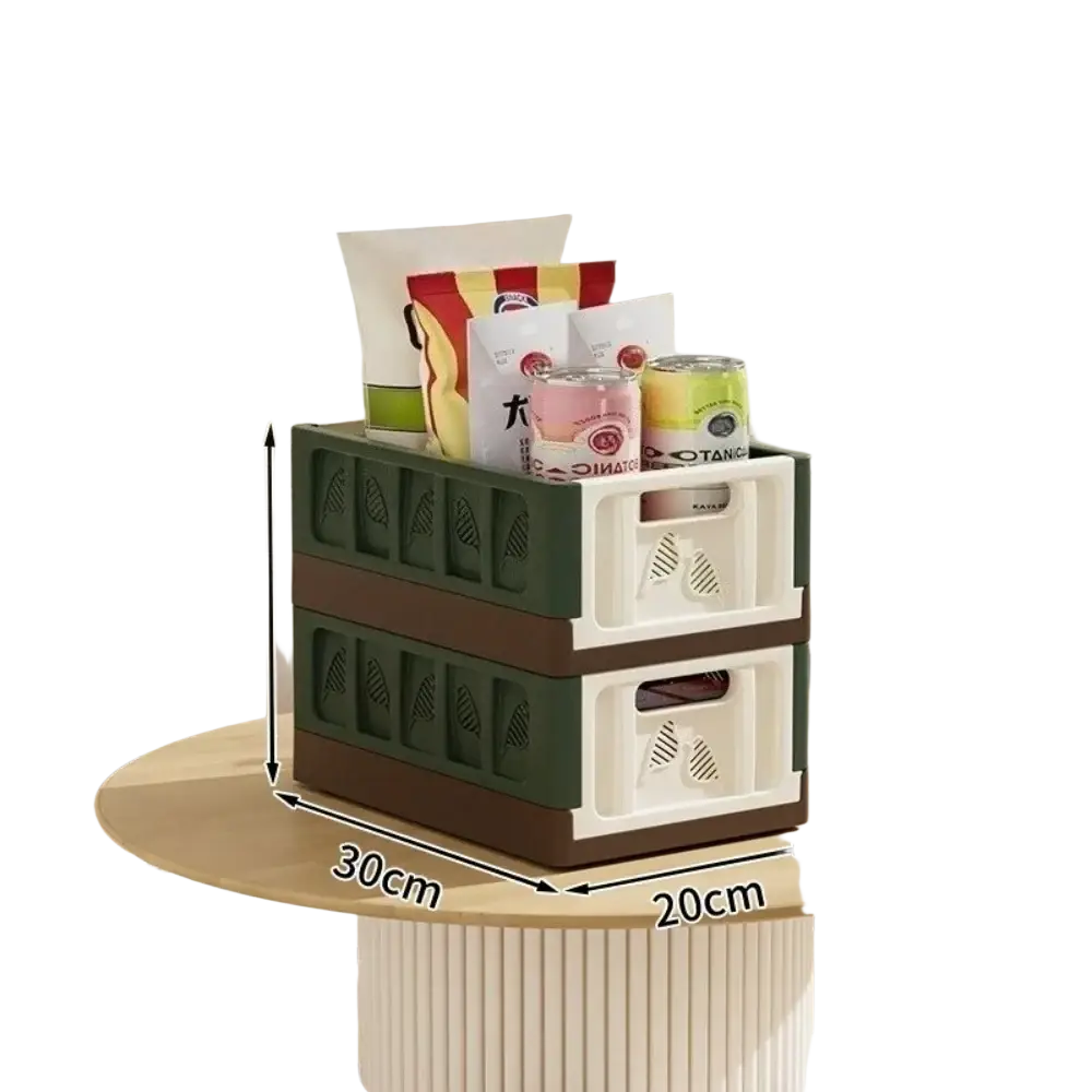 Foldable storage basket plastic stackable organizer with green and white crates and brown base storage box actual goods