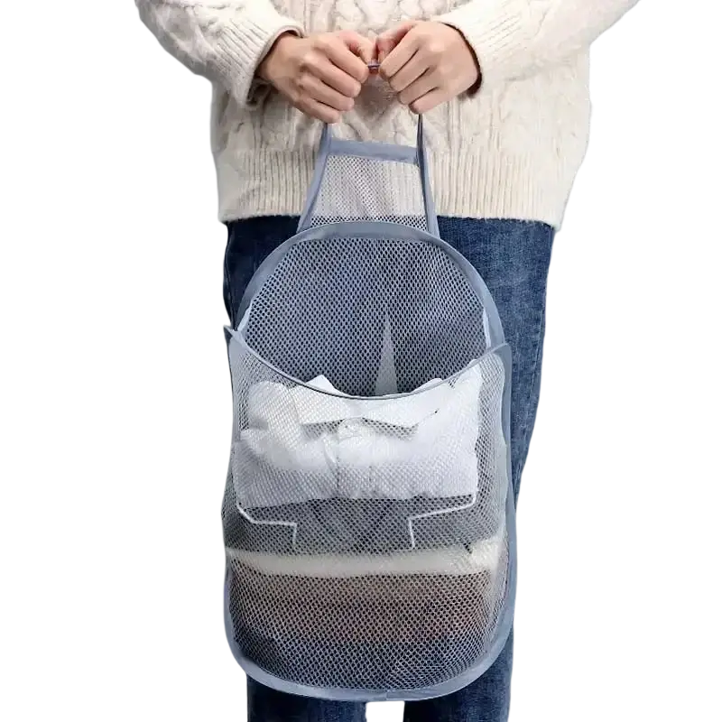 Gray mesh foldable storage laundry basket with reinforced handles and open-top design for easy access and organization