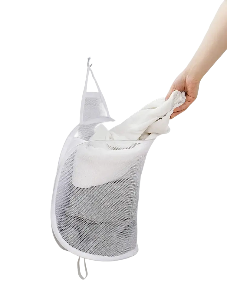 Foldable storage laundry basket white mesh with hanging loop and reinforced edges for wall mounted organization
