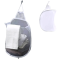 White mesh foldable storage laundry basket with reinforced trim and hanging loop for wall mounted organizer use