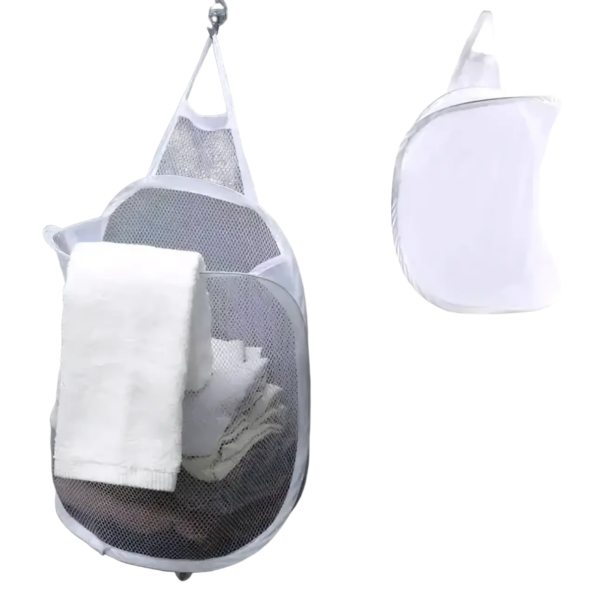 White mesh foldable storage laundry basket with reinforced trim and hanging loop for wall mounted organizer use