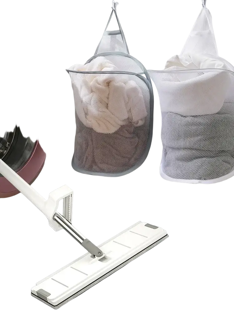 White and silver nail-free wall hanging mop with flat rectangular head shown with foldable storage laundry basket organizer