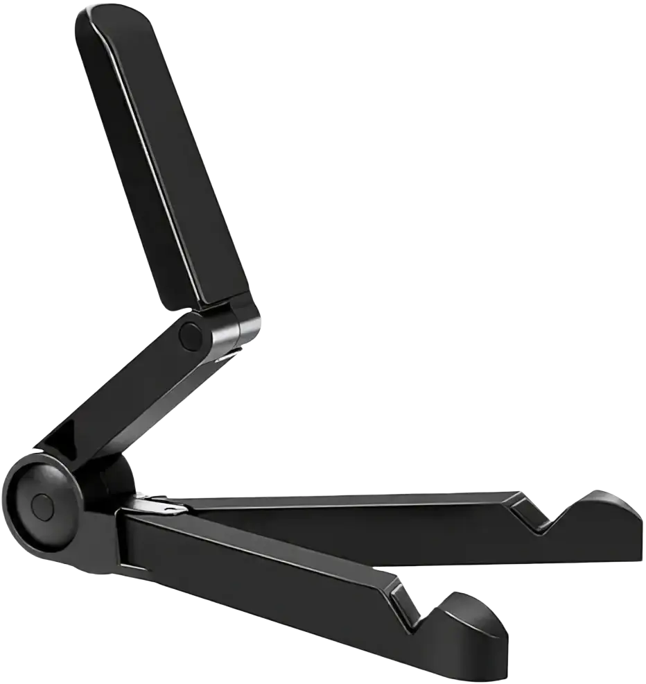 Black foldable tablet phone stand with sleek minimalist design and smooth plastic finish for portable monitor use